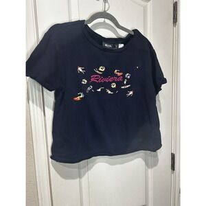 maeve anthropologie Riviera Navy Embroidered Cropped Boxy Terry Cloth Tshirt